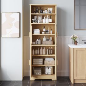4-door, 6-story Display Cabinet With Rattan Surface And Triamine Board Veneer, In Natural Wood Color