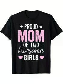 1pc Women's Casual T-Shirt - Proud Mom of Two Graphic Print, 100% High Elasticity Round Neck Short Sleeve Tee, Machine Washable All-Season Comfort (Color: Black, size: XXL)